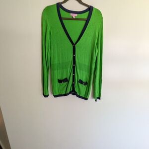 Lilly Pulitzer Silk N Cotton Cardigan with Navy Trim Lightweight Lux Fem